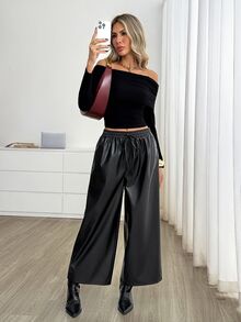 Easowa Women's Fashion Commute Night Solid Color Wide Leg Long Pants Halloween Black Autumn Casual - Black - View 5
