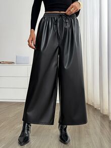 Easowa Women's Fashion Commute Night Solid Color Wide Leg Long Pants Halloween Black Autumn Casual - Black - View 2