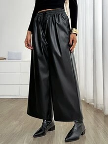 Easowa Women's Fashion Commute Night Solid Color Wide Leg Long Pants Halloween Black Autumn Casual - Black - View 3