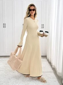 Easowa Women's Contrast Trim Long Dress Brunch Beige Autumn Elegant - Apricot - View 3