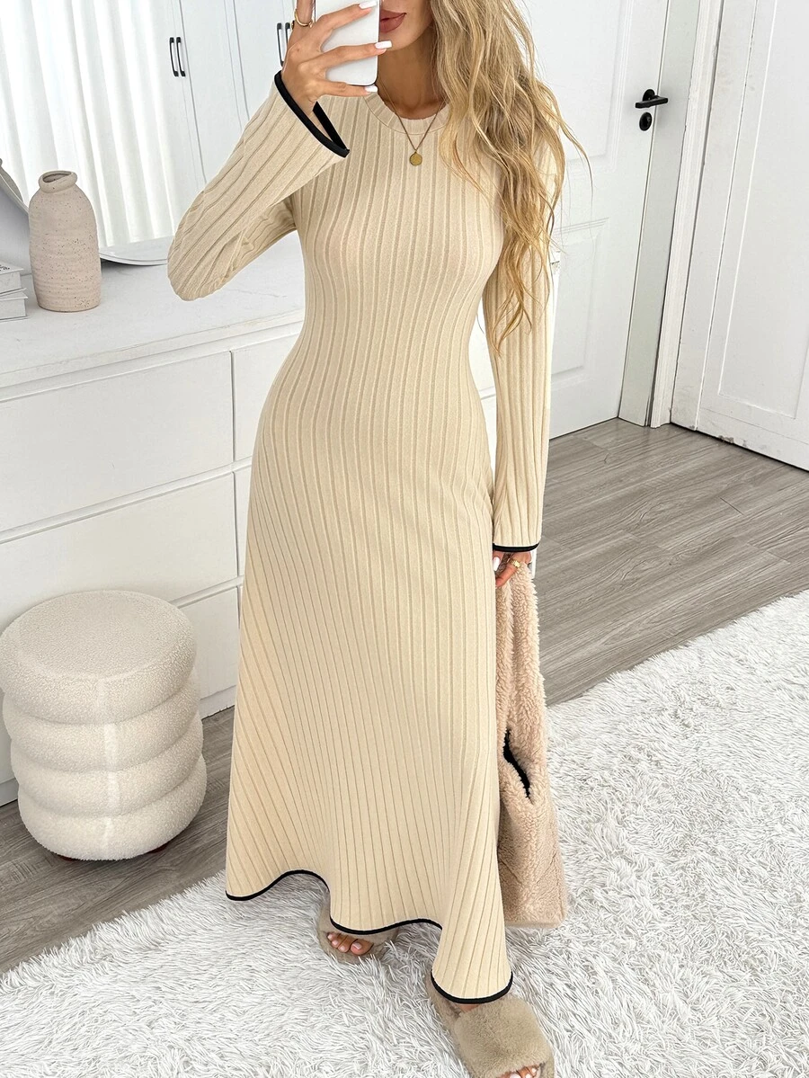 Easowa Women's Contrast Trim Long Dress Brunch Beige Autumn Elegant - Apricot - View 1