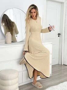 Easowa Women's Contrast Trim Long Dress Brunch Beige Autumn Elegant - Apricot - View 2