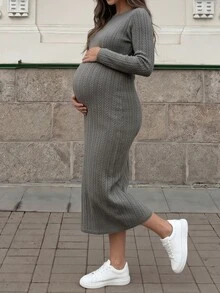 Lyckli Maternity Casual Commute Solid Color Textured Dress Fall - Grey - View 3