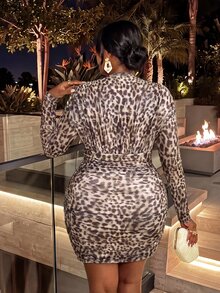 Sassy Hour Plus Size Fashion Party Leopard Print Fitted Dress Fall - Multicolor - View 6