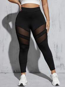 SHEIN Essnce Plus Size Spliced Mesh Design High Waist Slim Fit Leggings With Hollow Out Details - Black - View 7
