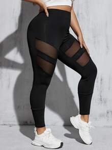SHEIN Essnce Plus Size Spliced Mesh Design High Waist Slim Fit Leggings With Hollow Out Details - Black - View 4
