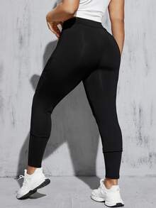 SHEIN Essnce Plus Size Spliced Mesh Design High Waist Slim Fit Leggings With Hollow Out Details - Black - View 3