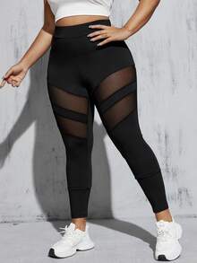 SHEIN Essnce Plus Size Spliced Mesh Design High Waist Slim Fit Leggings With Hollow Out Details - Black - View 5