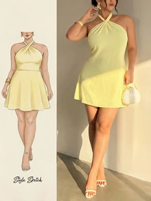 Firerie Gaun Halter Tanpa Punggung Warna Polos Elegan Ukuran Besar, Musim Panas - Kuning - View 1
