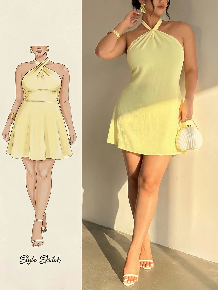 Firerie Gaun Halter Tanpa Punggung Warna Polos Elegan Ukuran Besar, Musim Panas - Kuning - View 1