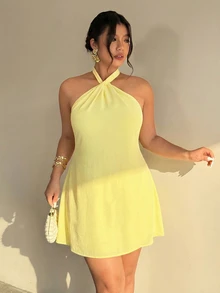 Firerie Gaun Halter Tanpa Punggung Warna Polos Elegan Ukuran Besar, Musim Panas - Kuning - View 6