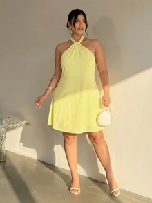 Firerie Gaun Halter Tanpa Punggung Warna Polos Elegan Ukuran Besar, Musim Panas - Kuning - View 5
