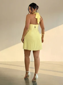 Firerie Gaun Halter Tanpa Punggung Warna Polos Elegan Ukuran Besar, Musim Panas - Kuning - View 2