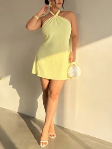 Firerie Gaun Halter Tanpa Punggung Warna Polos Elegan Ukuran Besar, Musim Panas - Kuning - View 7