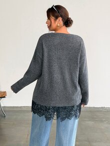 Firerie Suéter de cuello redondo gris oscuro para mujer talla grande, con ribete de encaje de contraste de moda, elegante top de punto de unicolor, casual versátil para oficina en otoño - Gris Oscuro - Ver 3