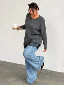 Firerie Suéter de cuello redondo gris oscuro para mujer talla grande, con ribete de encaje de contraste de moda, elegante top de punto de unicolor, casual versátil para oficina en otoño - Gris Oscuro - Ver 6