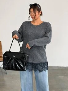 Firerie Suéter de cuello redondo gris oscuro para mujer talla grande, con ribete de encaje de contraste de moda, elegante top de punto de unicolor, casual versátil para oficina en otoño - Gris Oscuro - Ver 4