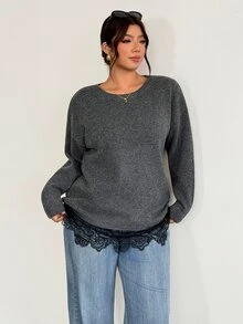Firerie Suéter de cuello redondo gris oscuro para mujer talla grande, con ribete de encaje de contraste de moda, elegante top de punto de unicolor, casual versátil para oficina en otoño - Gris Oscuro - Ver 8