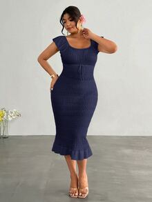 Firerie Plus Size Solid Color Fitted Knit Dress Fall - Navy Blue - View 8