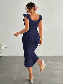 Firerie Plus Size Solid Color Fitted Knit Dress Fall - Navy Blue - View 3