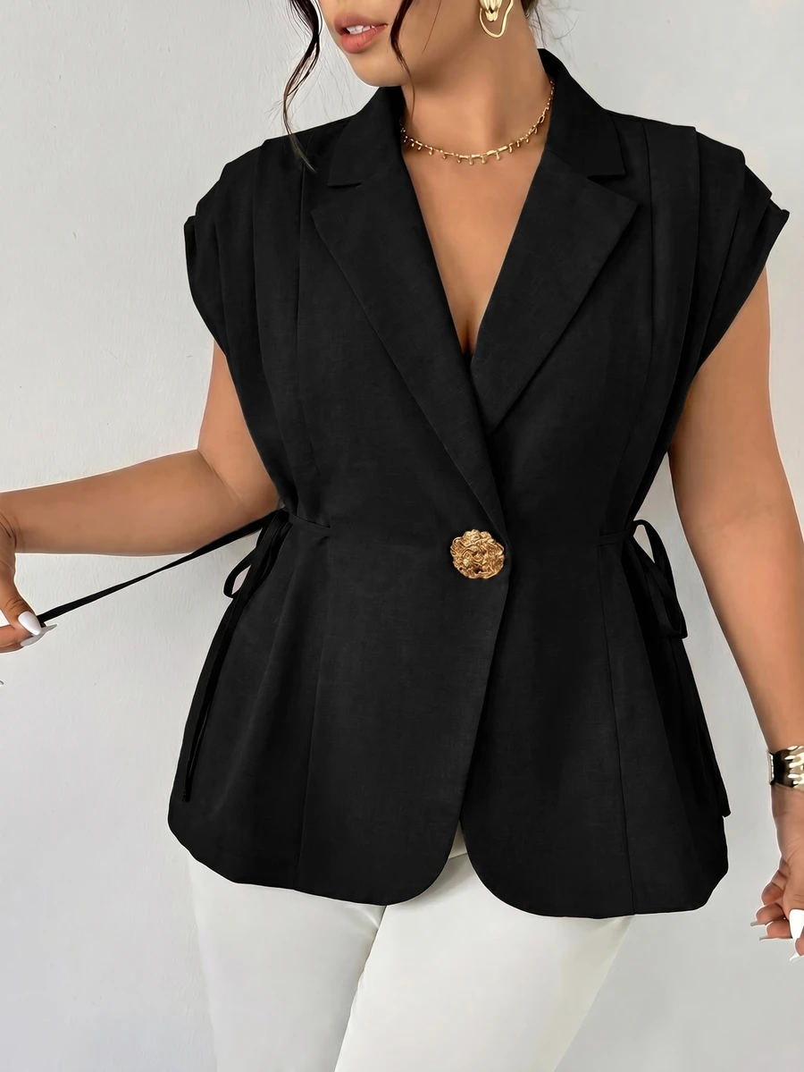 Firerie Plus Size Women's V-Neck Metal Decor Commute Formal Office Teachers' Day Blazer Vest Black Summer Elegant Casual - Black - View 1