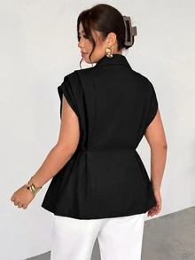 Firerie Plus Size Women's V-Neck Metal Decor Commute Formal Office Teachers' Day Blazer Vest Black Summer Elegant Casual - Black - View 2