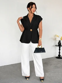 Firerie Plus Size Women's V-Neck Metal Decor Commute Formal Office Teachers' Day Blazer Vest Black Summer Elegant Casual - Black - View 5