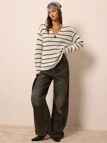 Freevana Women's Striped Drop Shoulder Long Sleeve Back Knot Fashion Sweater - Beige - View 6