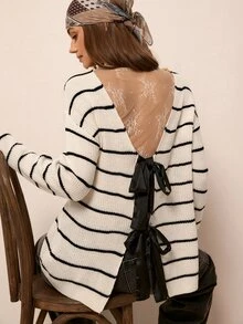 Freevana Women's Striped Drop Shoulder Long Sleeve Back Knot Fashion Sweater - Beige - View 3