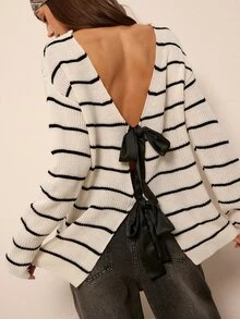 Freevana Women's Striped Drop Shoulder Long Sleeve Back Knot Fashion Sweater - Beige - View 7