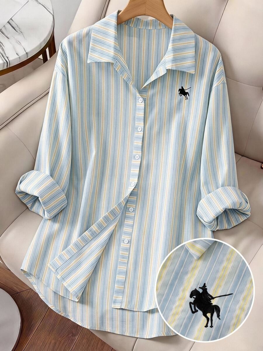 SHEIN LUNE 大尺碼女款嬰兒藍馬術印花休閒柔軟修身傳統90年代日常穿著正式襯衫 教師節辦公室秋季 - 彩色 - 查看 1