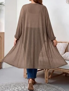 SHEIN Tall CURVE 大尺碼女款捲袖長版休閒優雅寬鬆開襟外套，秋季外出雞尾酒會正式穿搭，棕色 - 棕色 - 查看 2