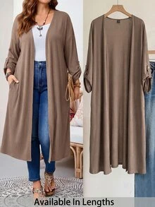 SHEIN Tall CURVE 大尺碼女款捲袖長版休閒優雅寬鬆開襟外套，秋季外出雞尾酒會正式穿搭，棕色 - 棕色 - 查看 1