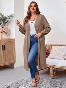 SHEIN Tall CURVE 大尺碼女款捲袖長版休閒優雅寬鬆開襟外套，秋季外出雞尾酒會正式穿搭，棕色 - 棕色 - 查看 9