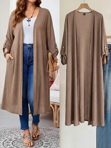 SHEIN Tall CURVE 大尺碼女款捲袖長版休閒優雅寬鬆開襟外套，秋季外出雞尾酒會正式穿搭，棕色 - 棕色 - 查看 6