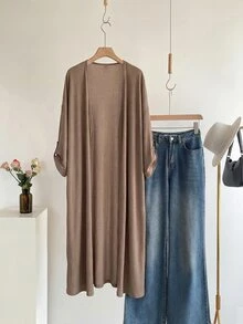 SHEIN Tall CURVE 大尺碼女款捲袖長版休閒優雅寬鬆開襟外套，秋季外出雞尾酒會正式穿搭，棕色 - 棕色 - 查看 8
