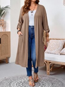 SHEIN Tall CURVE 大尺碼女款捲袖長版休閒優雅寬鬆開襟外套，秋季外出雞尾酒會正式穿搭，棕色 - 棕色 - 查看 5