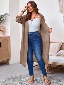 SHEIN Tall CURVE 大尺碼女款捲袖長版休閒優雅寬鬆開襟外套，秋季外出雞尾酒會正式穿搭，棕色 - 棕色 - 查看 4