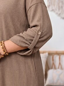SHEIN Tall CURVE 大尺碼女款捲袖長版休閒優雅寬鬆開襟外套，秋季外出雞尾酒會正式穿搭，棕色 - 棕色 - 查看 10