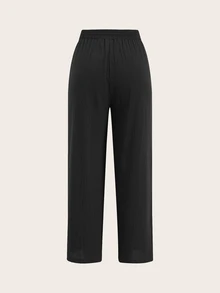 SHEIN Tall CURVE 大尺碼女款純色腰帶休閒寬鬆長褲 秋季 - 黑色 - 查看 9