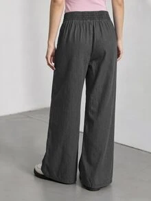 SHEIN Teen Girls Denim Jeans Summer Brown Washed Elastic Waistband Loose Straight Leg Fit Soft Ice Silk Fabric Daily Wear Parties Music Festivals Baggy Prom - Black - View 2
