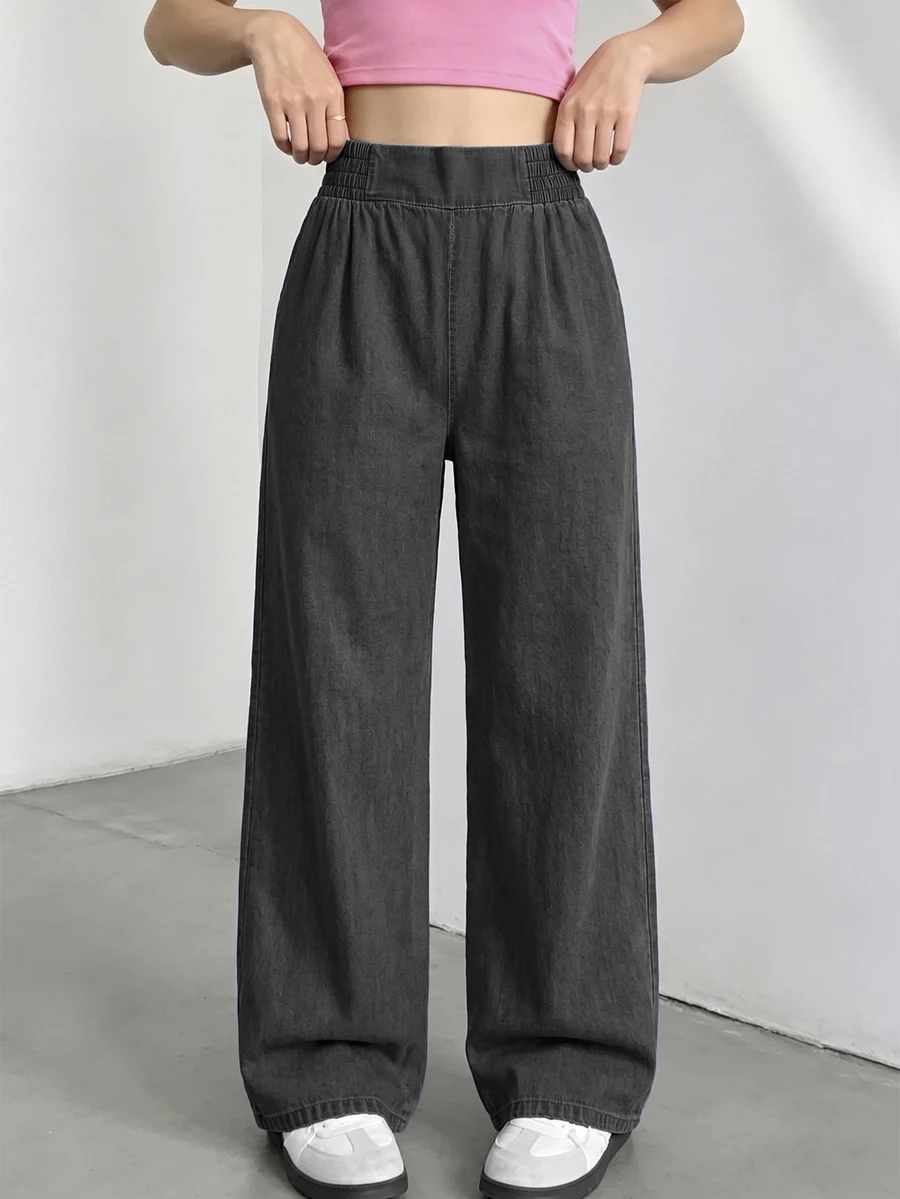 SHEIN Teen Girls Denim Jeans Summer Brown Washed Elastic Waistband Loose Straight Leg Fit Soft Ice Silk Fabric Daily Wear Parties Music Festivals Baggy Prom - Black - View 1
