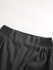 SHEIN Teen Girls Denim Jeans Summer Brown Washed Elastic Waistband Loose Straight Leg Fit Soft Ice Silk Fabric Daily Wear Parties Music Festivals Baggy Prom - Black - View 4