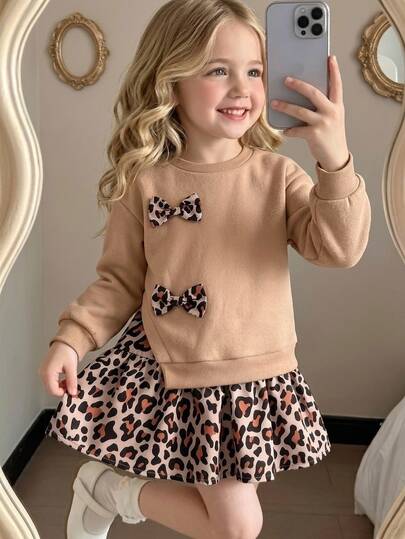 Young Girl Dress With Brown Sweatshirt Fabric And Leopard-Print PanelingFall/Winter Style. Simple And Comfortable, Perfect For .