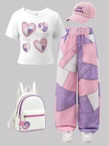 SHEIN 女童 (8-12歲) 休閒 Y2K 街頭風 白色愛心印花短袖 T 恤 & 粉紫色拼接仿牛仔印花長褲 2 件套，甜美對比色穿搭，適合夏季日常上學與戶外出遊 - 粉色 - 查看 1