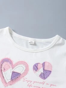 SHEIN 女童 (8-12歲) 休閒 Y2K 街頭風 白色愛心印花短袖 T 恤 & 粉紫色拼接仿牛仔印花長褲 2 件套，甜美對比色穿搭，適合夏季日常上學與戶外出遊 - 粉色 - 查看 8