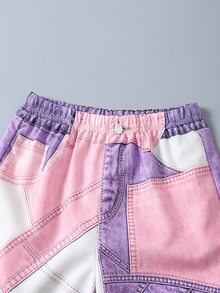 SHEIN 女童 (8-12歲) 休閒 Y2K 街頭風 白色愛心印花短袖 T 恤 & 粉紫色拼接仿牛仔印花長褲 2 件套，甜美對比色穿搭，適合夏季日常上學與戶外出遊 - 粉色 - 查看 7