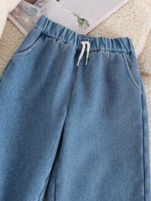 Genkimix Kids 女童藍色直筒牛仔褲，抽繩腰頭，加厚毛絨內裡，休閒返校褲，適合秋冬 - 藍色 - 查看 7