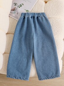 Genkimix Kids 女童藍色直筒牛仔褲，抽繩腰頭，加厚毛絨內裡，休閒返校褲，適合秋冬 - 藍色 - 查看 2