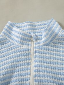 SHEIN 青少年女孩休閒條紋針織衛衣，時尚寬鬆半拉鍊套頭長袖上衣，舒適秋冬女孩服飾 - 藍色 - 查看 5